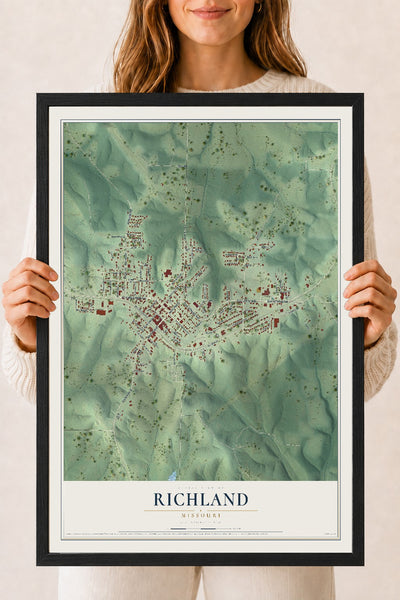 Map of Richland, Missouri, 18 x 24 inch print in a black wood frame