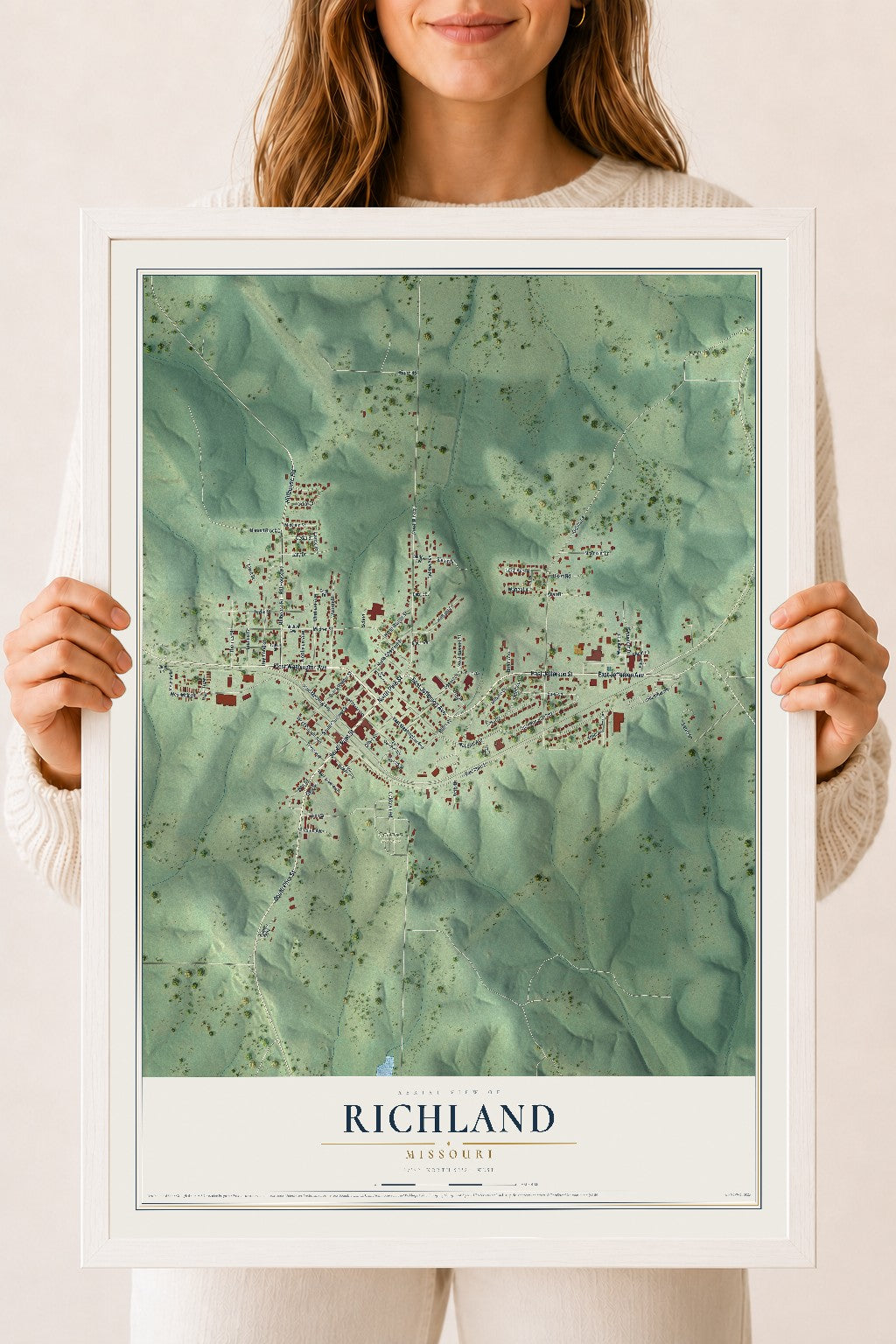 Map of Richland, Missouri, 18 x 24 inch print in a white wood frame