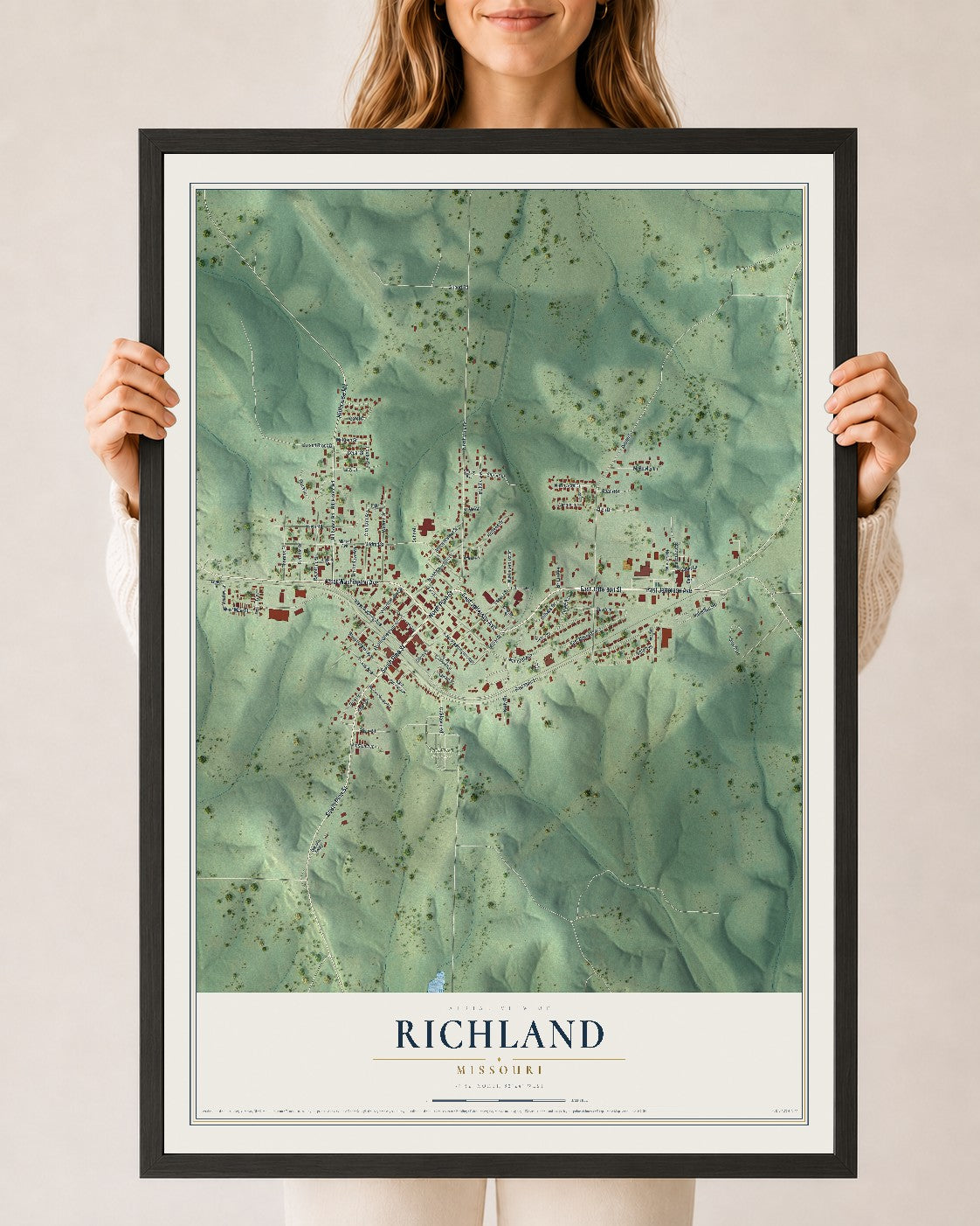 Map of Richland, Missouri, 24 x 36 inch print in a black wood frame