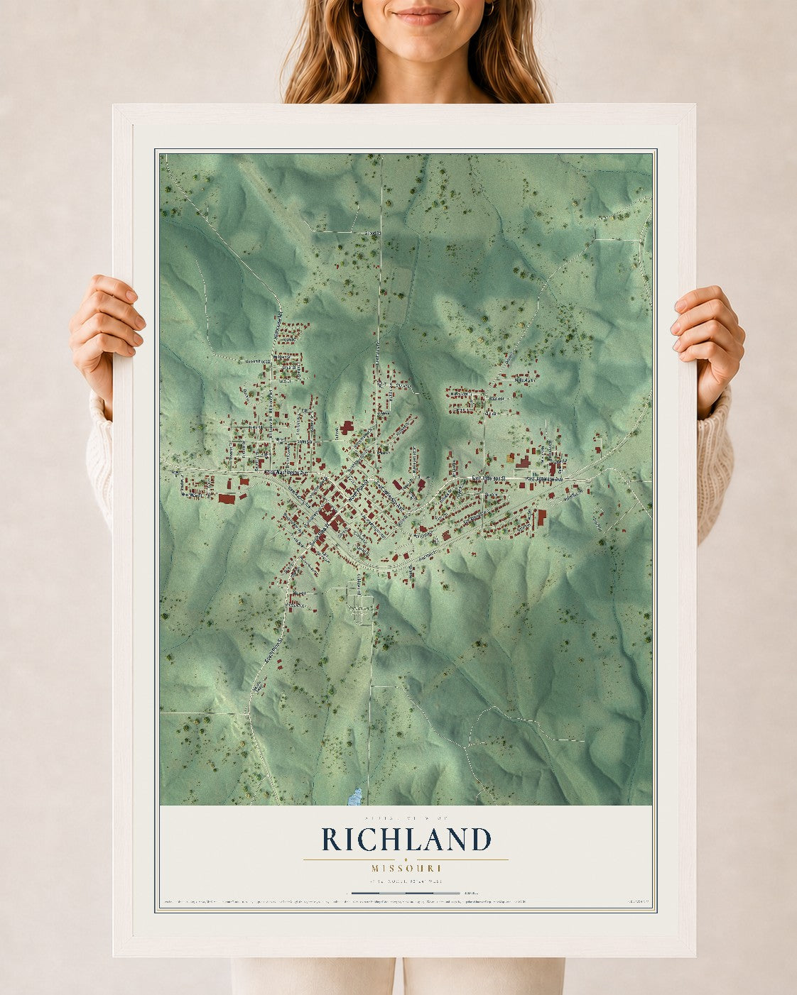 Map of Richland, Missouri, 24 x 36 inch print in a white wood frame