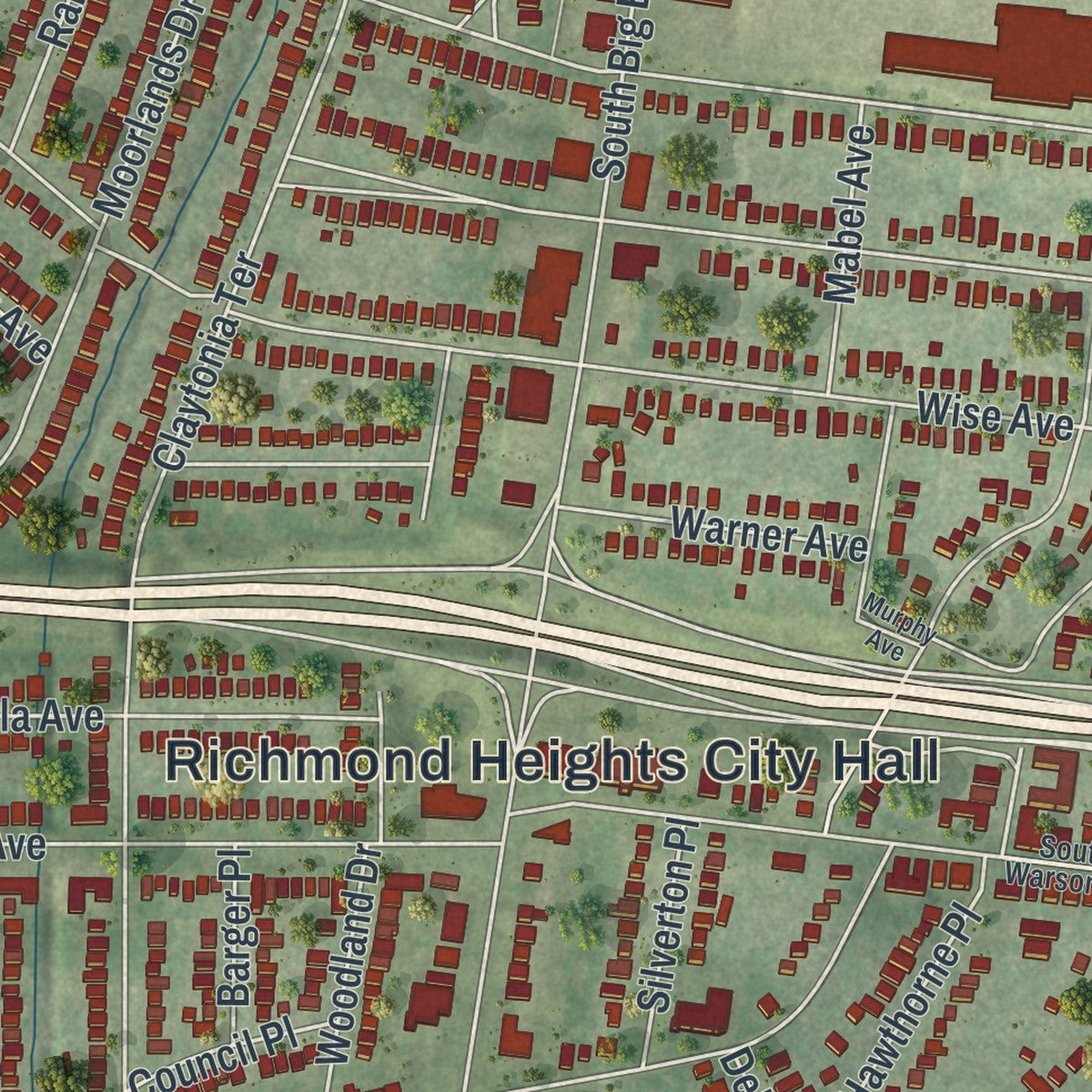 Close-up of the map of Richmond Heights, Missouri print showing street and building detail