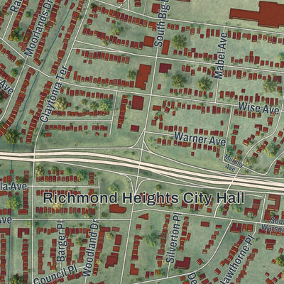 Close-up of the map of Richmond Heights, Missouri print showing street and building detail