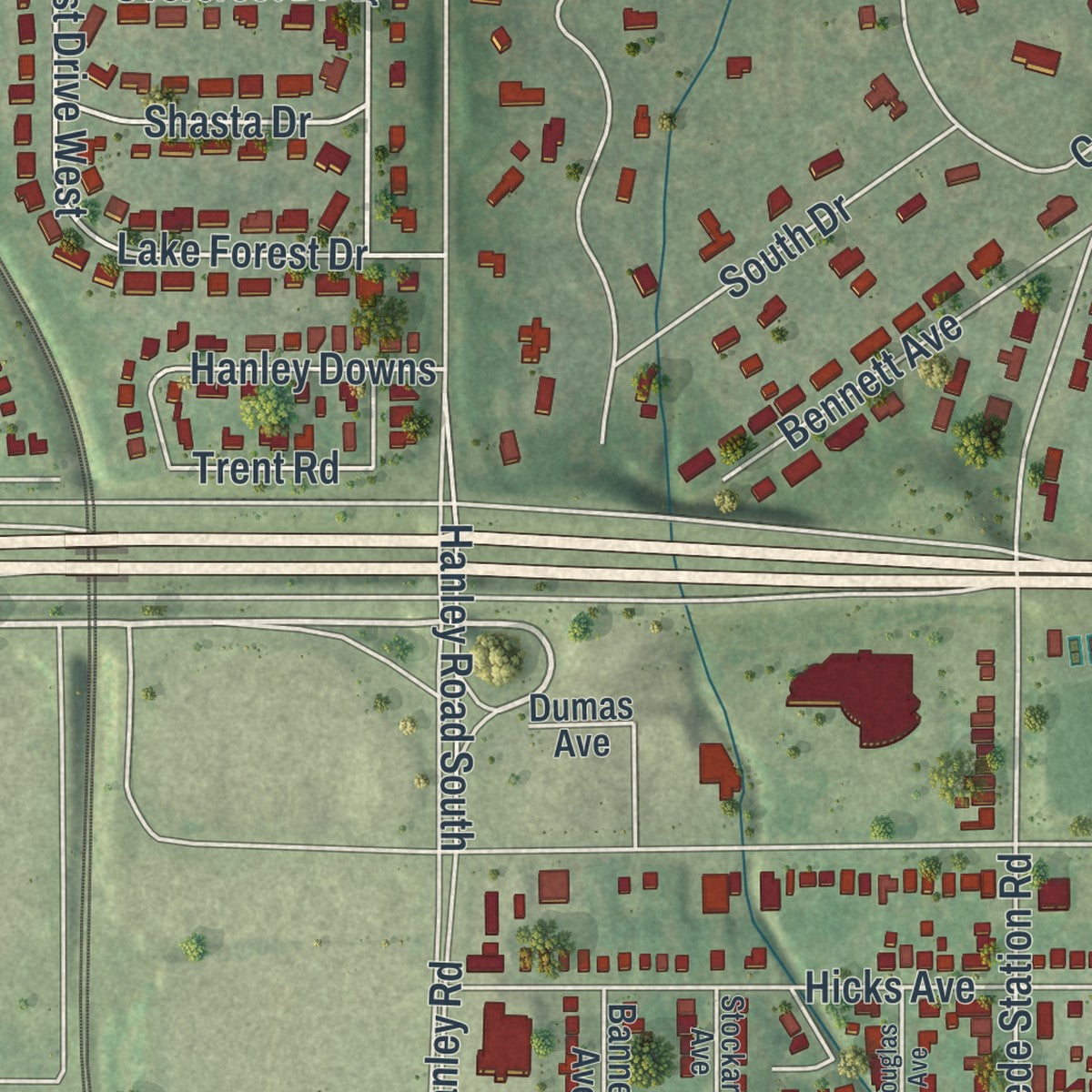 Second close-up of the map of Richmond Heights, Missouri print showing more streets and buildings