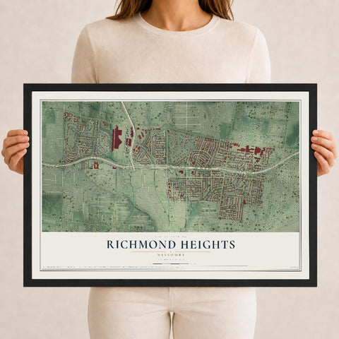 Map of Richmond Heights, Missouri, 12 x 18 inch print in a black wood frame