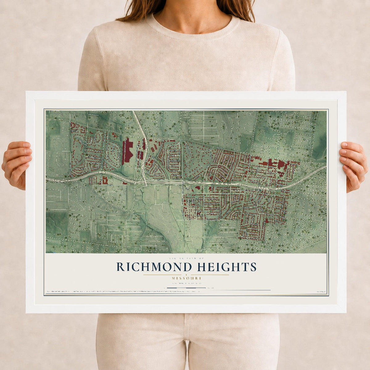 Map of Richmond Heights, Missouri, 12 x 18 inch print in a white wood frame