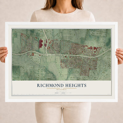 Map of Richmond Heights, Missouri, 18 x 24 inch print in a white wood frame