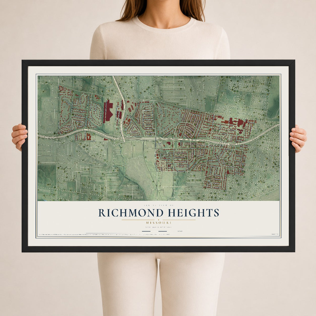 Map of Richmond Heights, Missouri, 24 x 36 inch print in a black wood frame