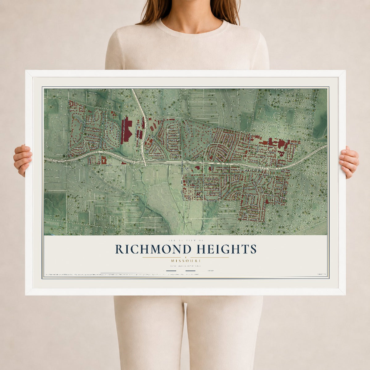 Map of Richmond Heights, Missouri, 24 x 36 inch print in a white wood frame