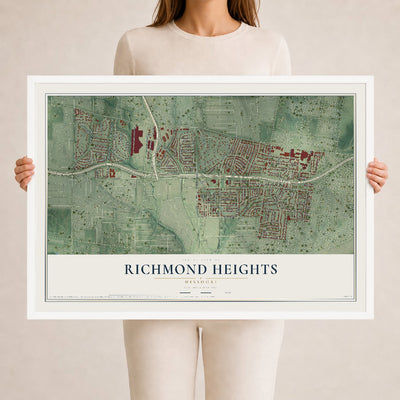 Map of Richmond Heights, Missouri, 24 x 36 inch print in a white wood frame
