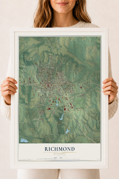 Map of Richmond, Missouri, 18 x 24 inch print in a white wood frame