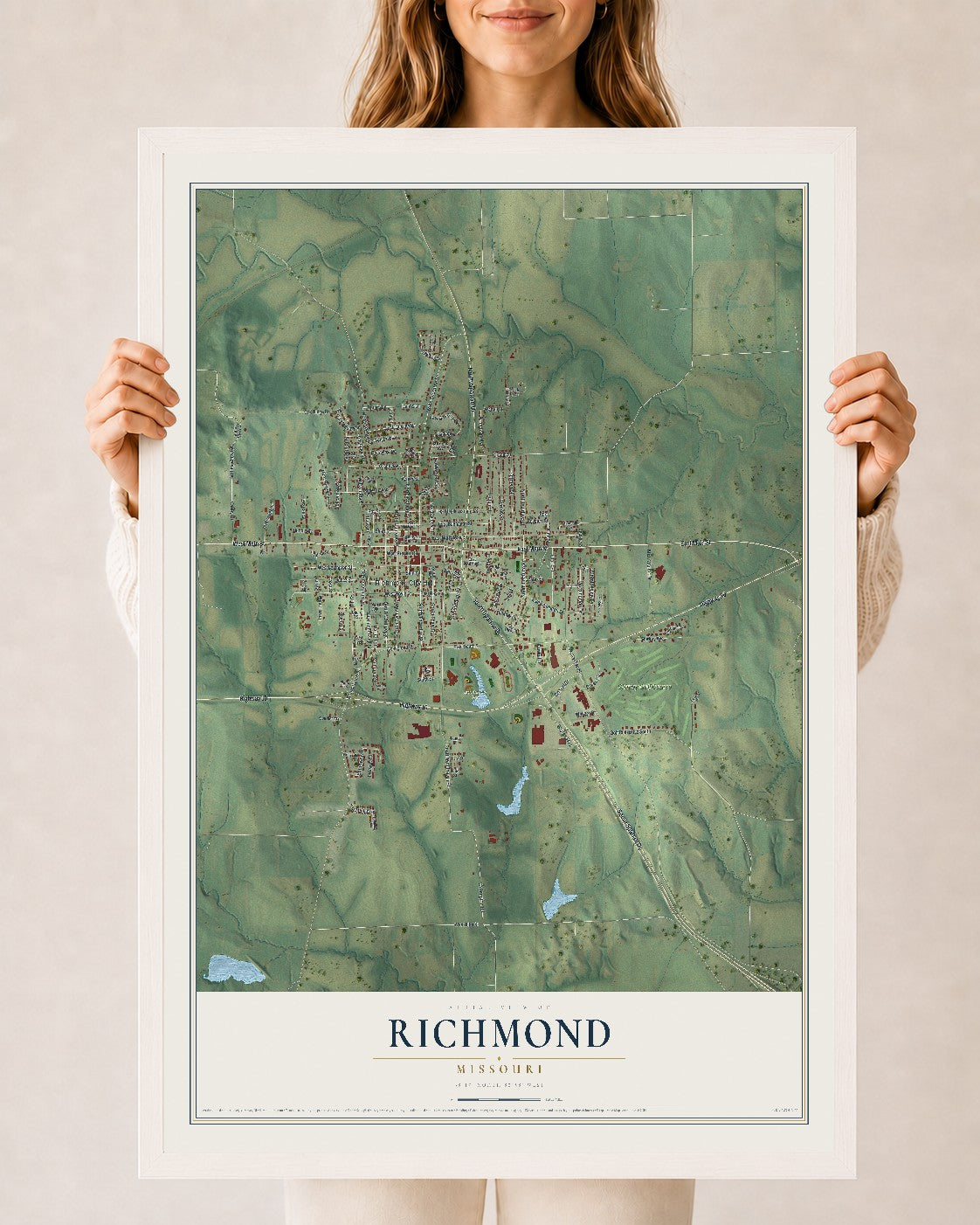 Map of Richmond, Missouri, 24 x 36 inch print in a white wood frame