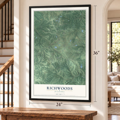 Richwoods, Missouri map, 24 x 36 inch print in a black frame by a staircase