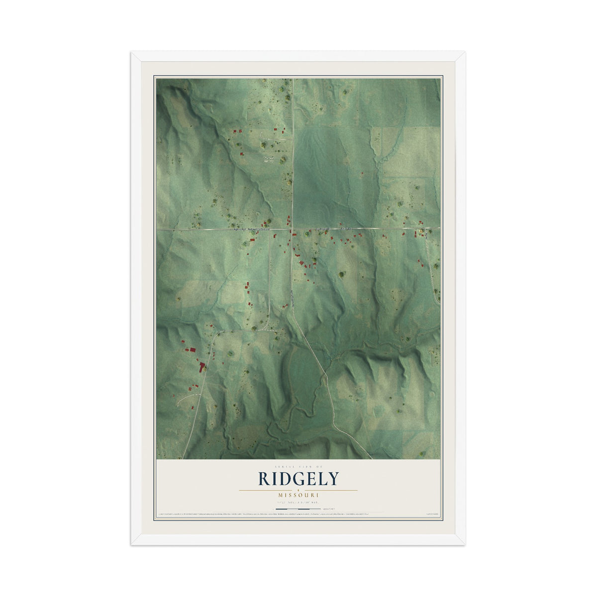 Map of Ridgely, Missouri, 12 x 18 inch print in a white wood frame