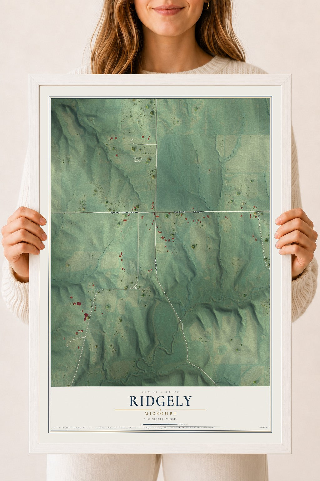 Map of Ridgely, Missouri, 18 x 24 inch print in a white wood frame