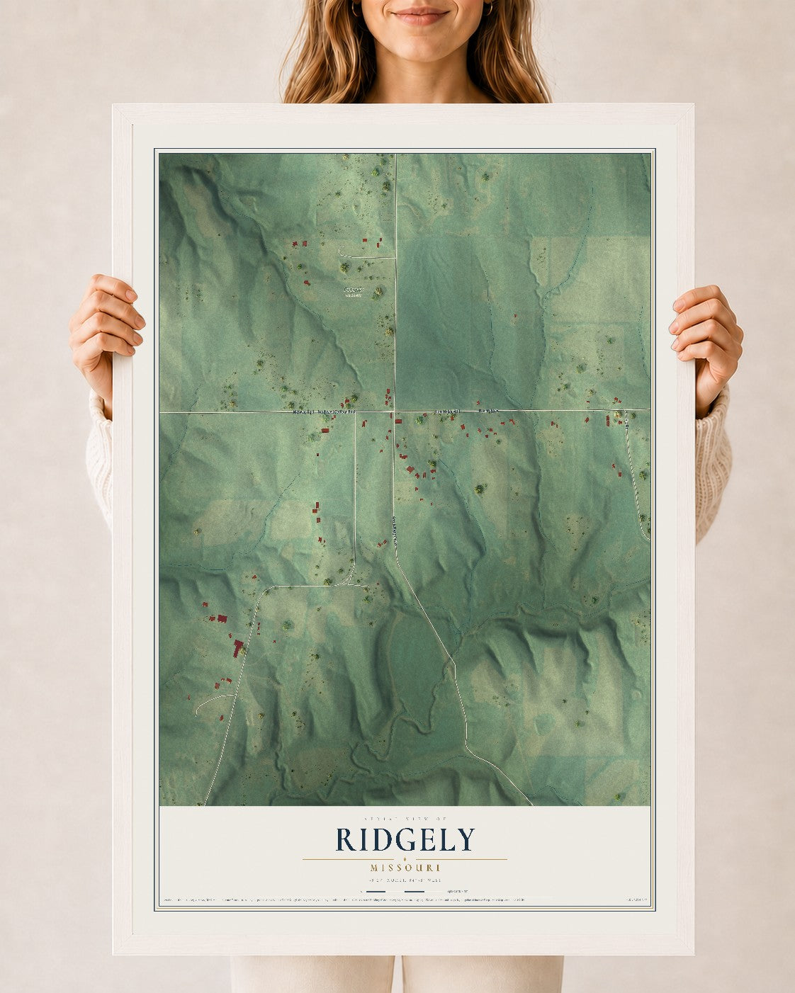 Map of Ridgely, Missouri, 24 x 36 inch print in a white wood frame