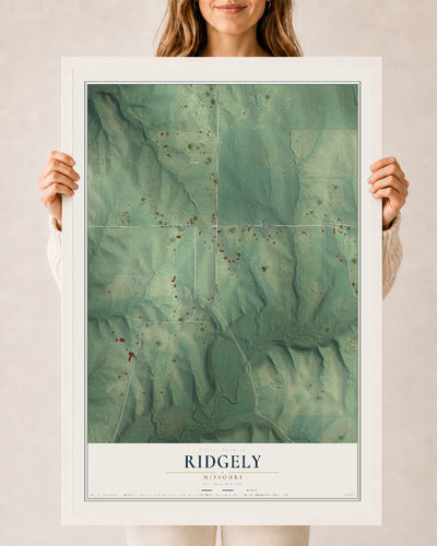 Map of Ridgely, Missouri, 24 x 36 inch print in a white wood frame
