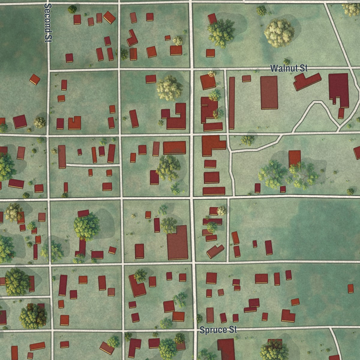 Close-up of the map of Ridgeway, Missouri print showing street and building detail
