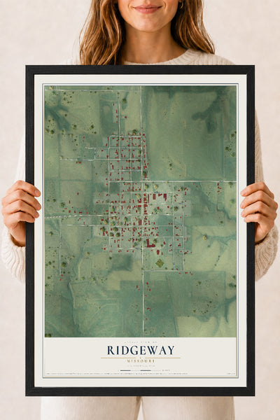 Map of Ridgeway, Missouri, 18 x 24 inch print in a black wood frame