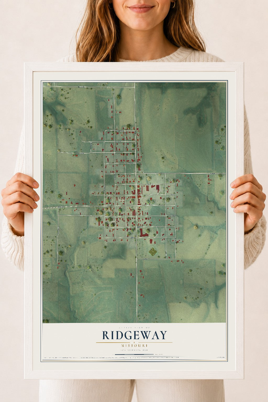 Map of Ridgeway, Missouri, 18 x 24 inch print in a white wood frame