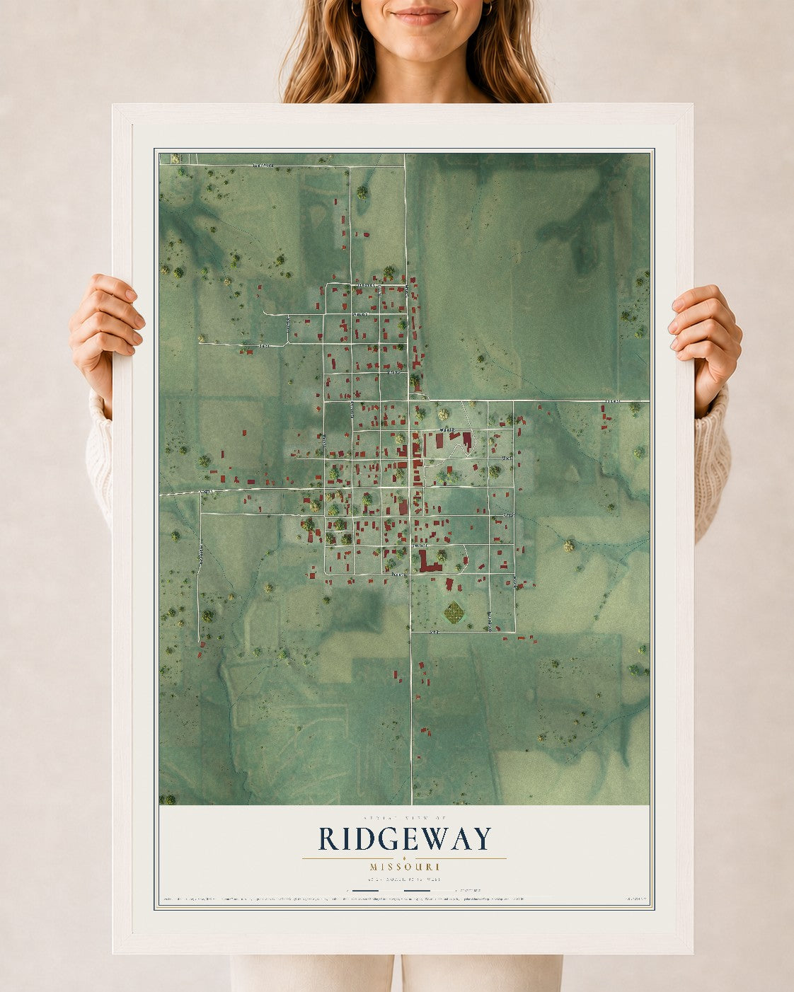 Map of Ridgeway, Missouri, 24 x 36 inch print in a white wood frame