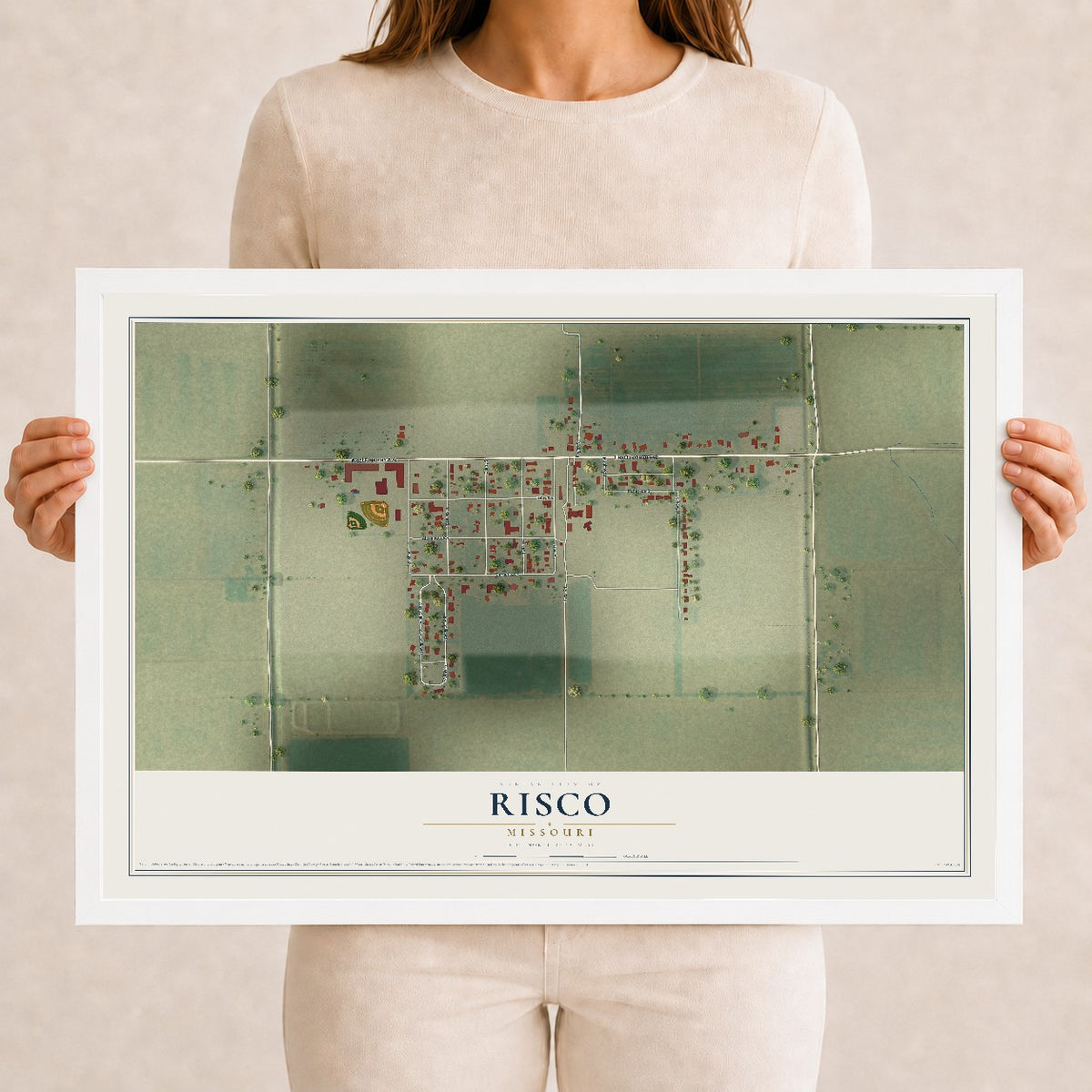 Map of Risco, Missouri, 12 x 18 inch print in a white wood frame