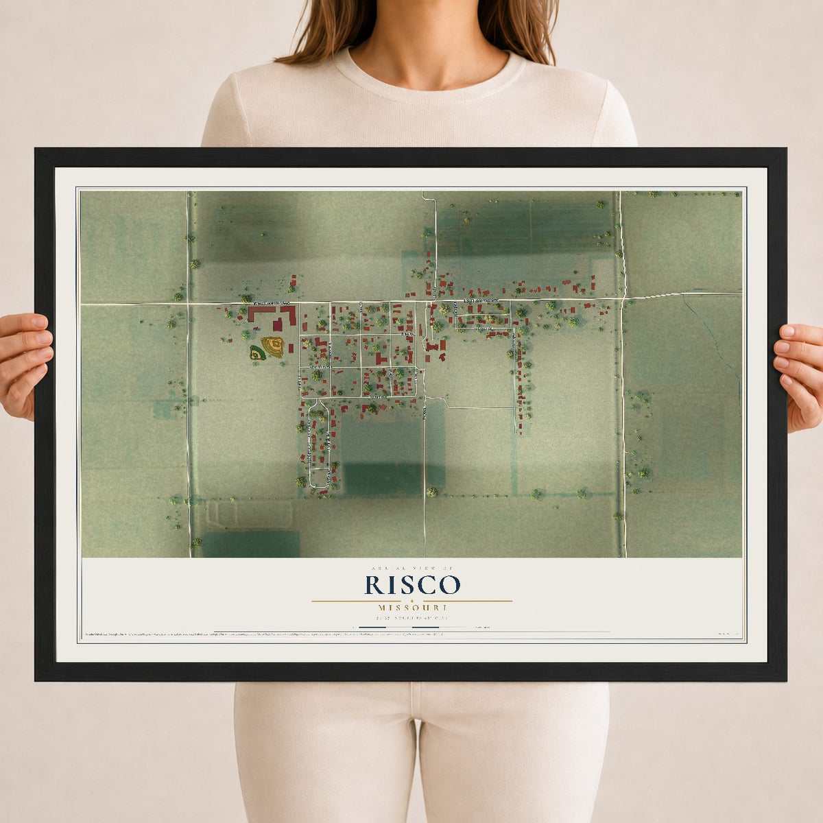 Map of Risco, Missouri, 18 x 24 inch print in a black wood frame
