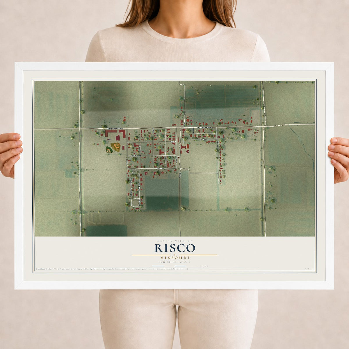 Map of Risco, Missouri, 18 x 24 inch print in a white wood frame