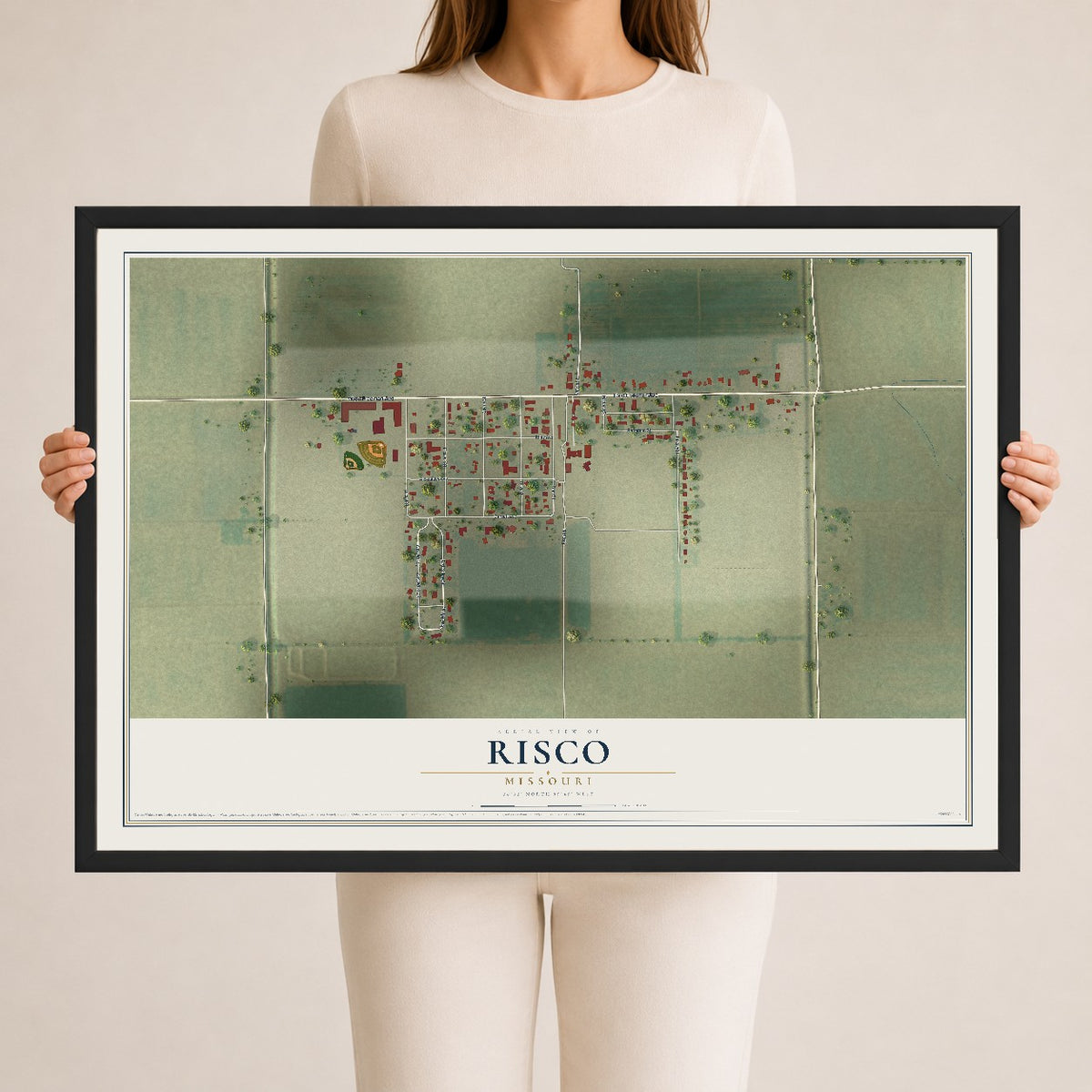 Map of Risco, Missouri, 24 x 36 inch print in a black wood frame