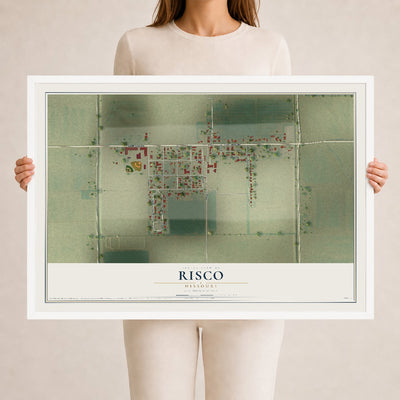 Map of Risco, Missouri, 24 x 36 inch print in a white wood frame
