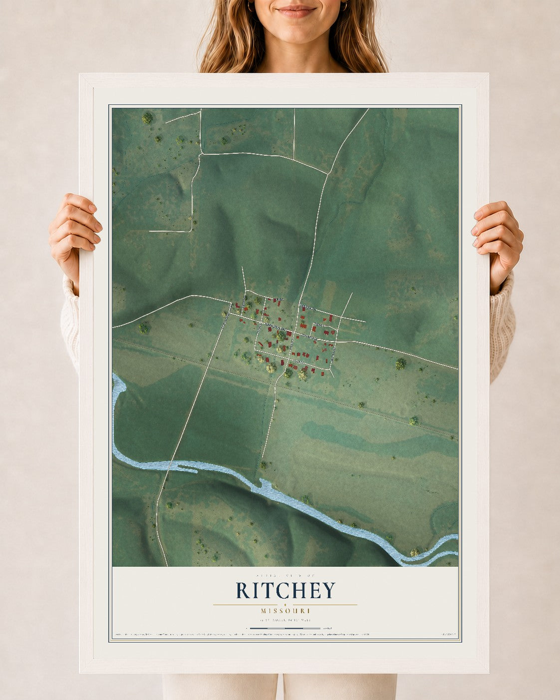 Map of Ritchey, Missouri, 24 x 36 inch print in a white wood frame