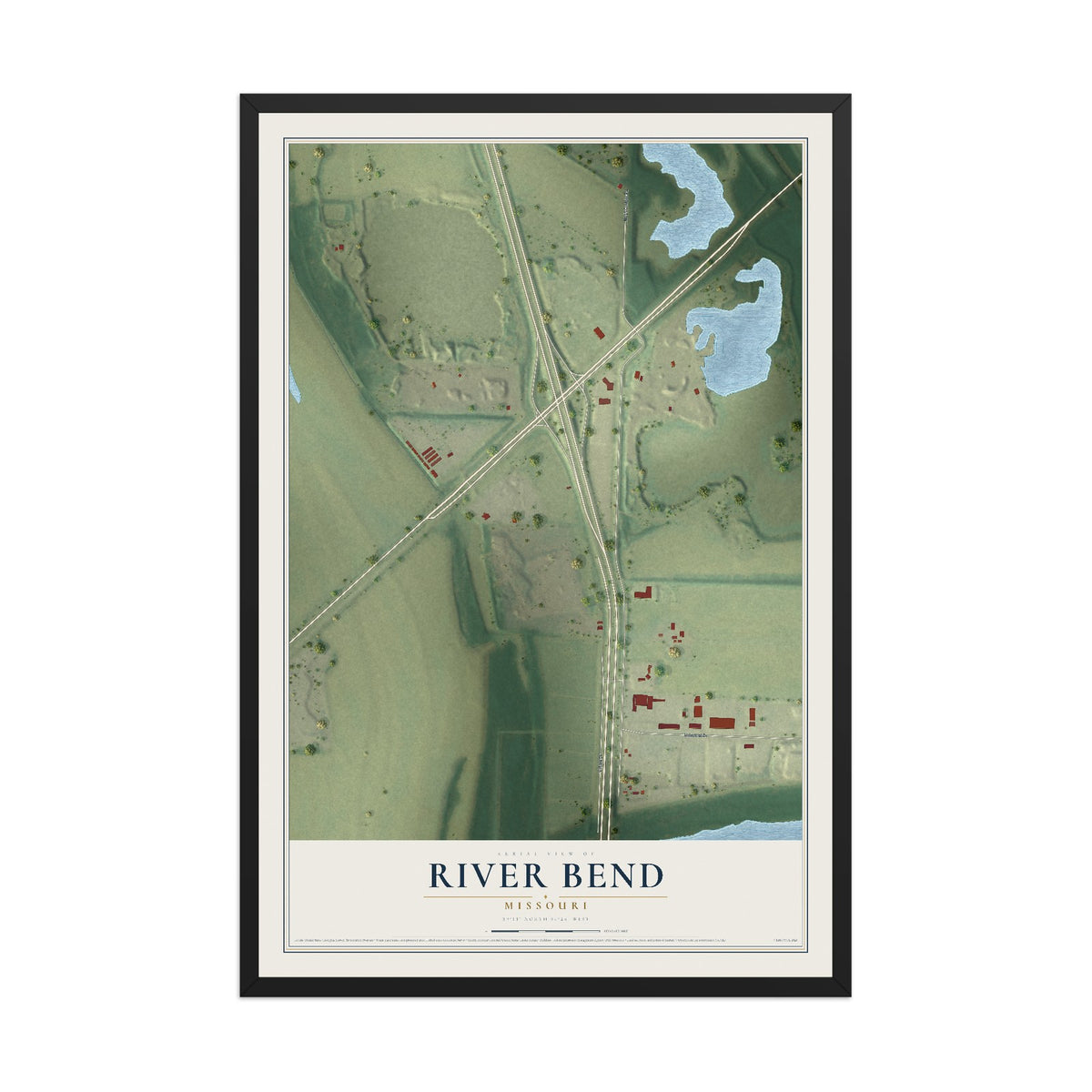 Map of River Bend, Missouri, 12 x 18 inch print in a black wood frame