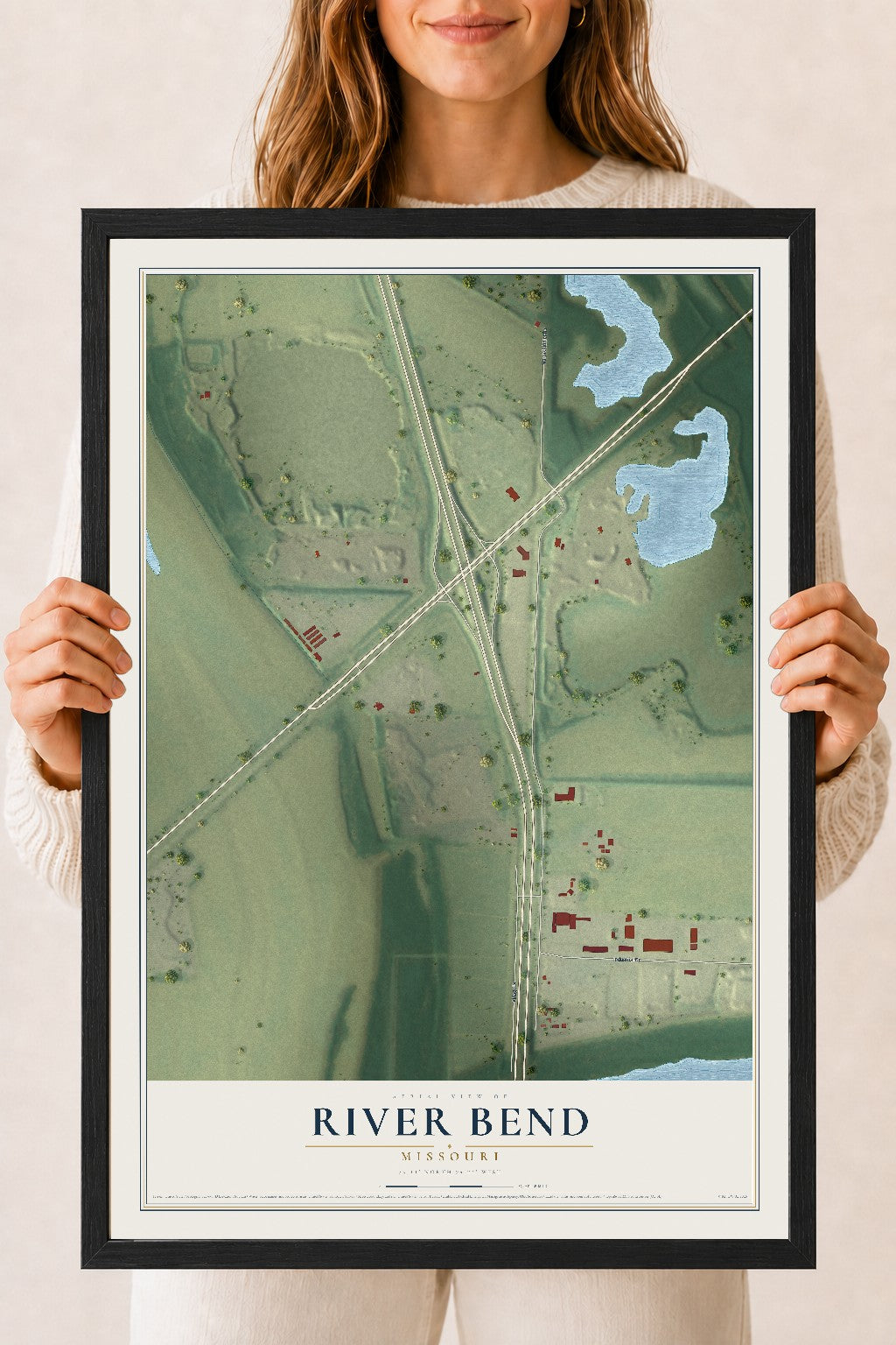 Map of River Bend, Missouri, 18 x 24 inch print in a black wood frame