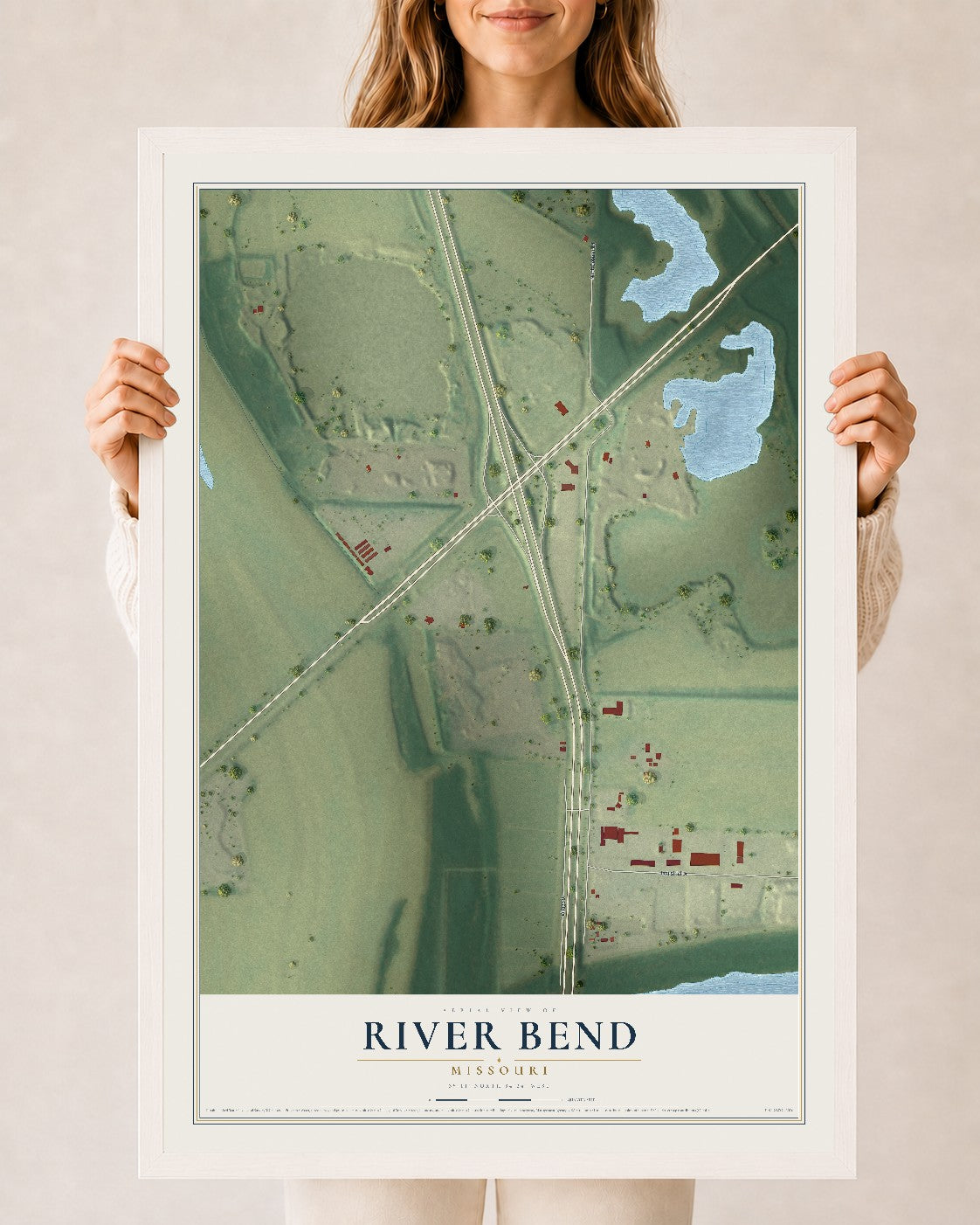 Map of River Bend, Missouri, 24 x 36 inch print in a white wood frame