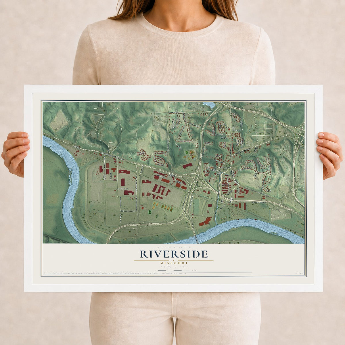 Map of Riverside, Missouri, 12 x 18 inch print in a white wood frame