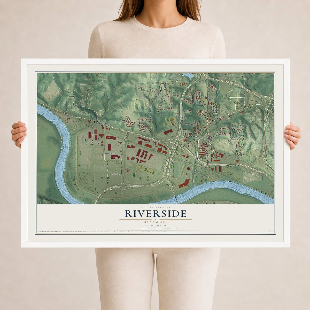 Map of Riverside, Missouri, 24 x 36 inch print in a white wood frame