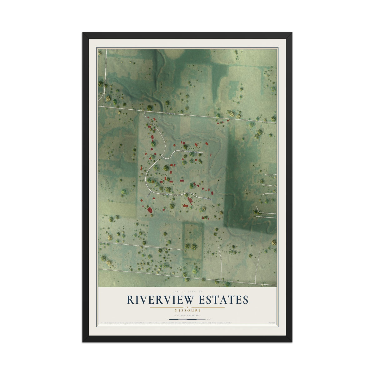 Map of Riverview Estates, Missouri, 12 x 18 inch print in a black wood frame
