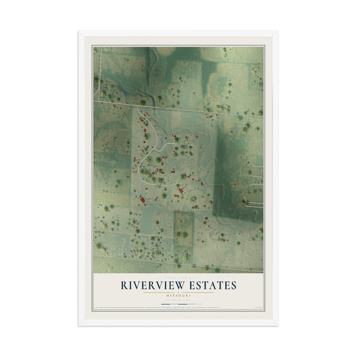 Map of Riverview Estates, Missouri, 12 x 18 inch print in a white wood frame