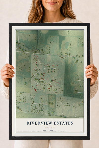 Map of Riverview Estates, Missouri, 18 x 24 inch print in a black wood frame