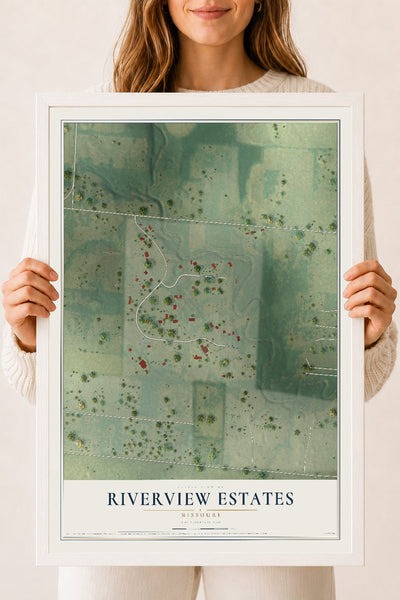 Map of Riverview Estates, Missouri, 18 x 24 inch print in a white wood frame