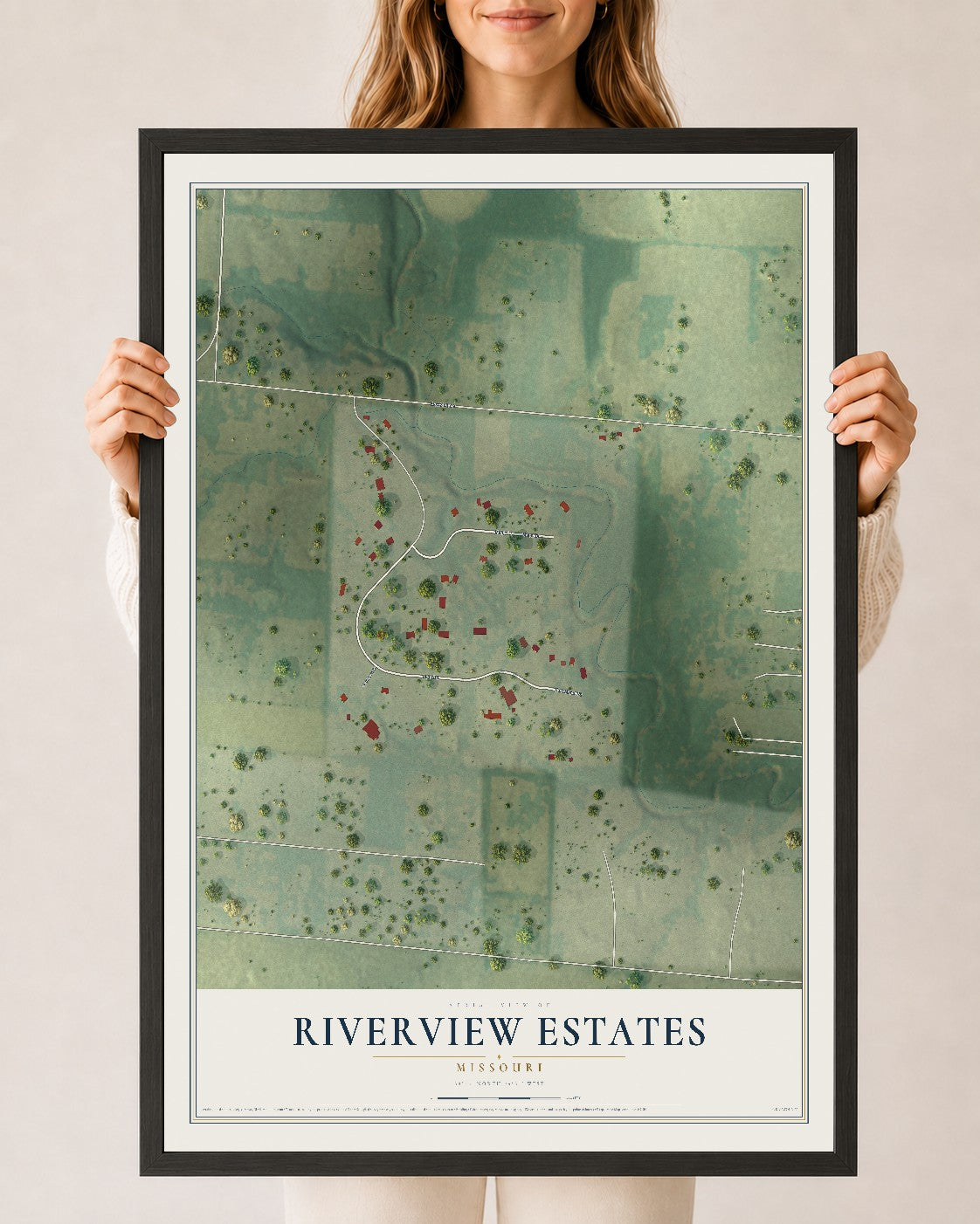 Map of Riverview Estates, Missouri, 24 x 36 inch print in a black wood frame