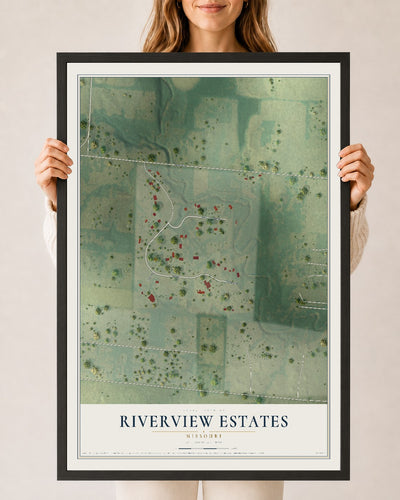 Map of Riverview Estates, Missouri, 24 x 36 inch print in a black wood frame