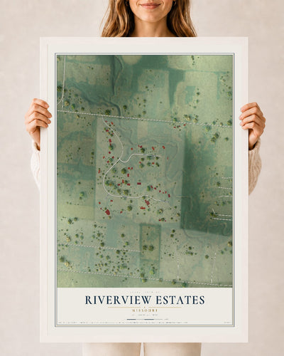 Map of Riverview Estates, Missouri, 24 x 36 inch print in a white wood frame