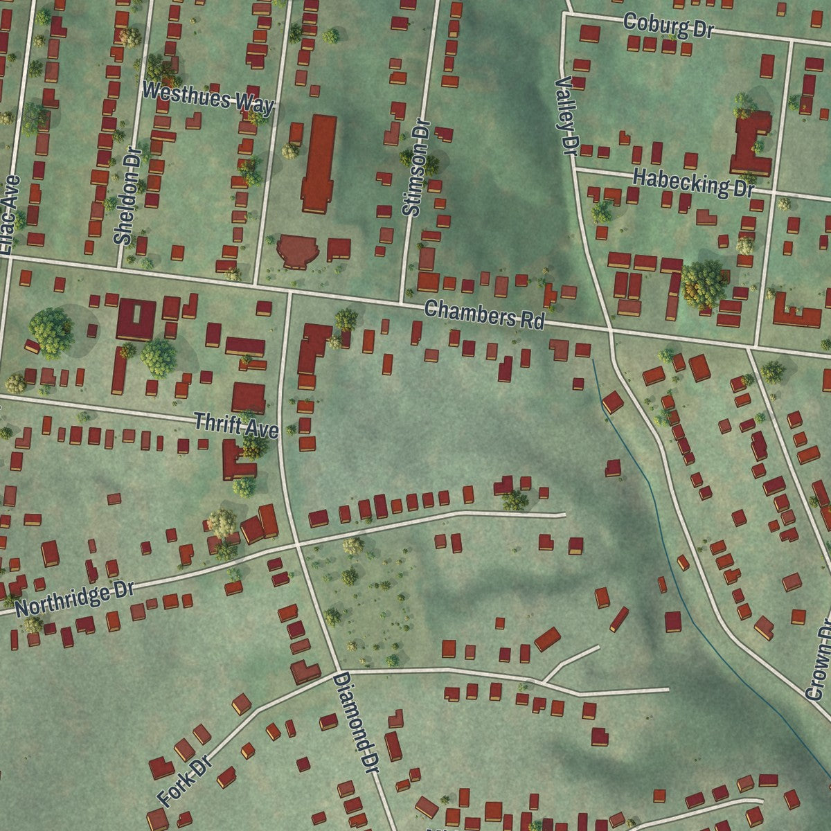 Close-up of the map of Riverview, Missouri print showing street and building detail