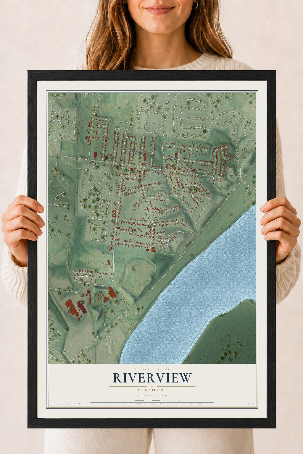 Map of Riverview, Missouri, 18 x 24 inch print in a black wood frame