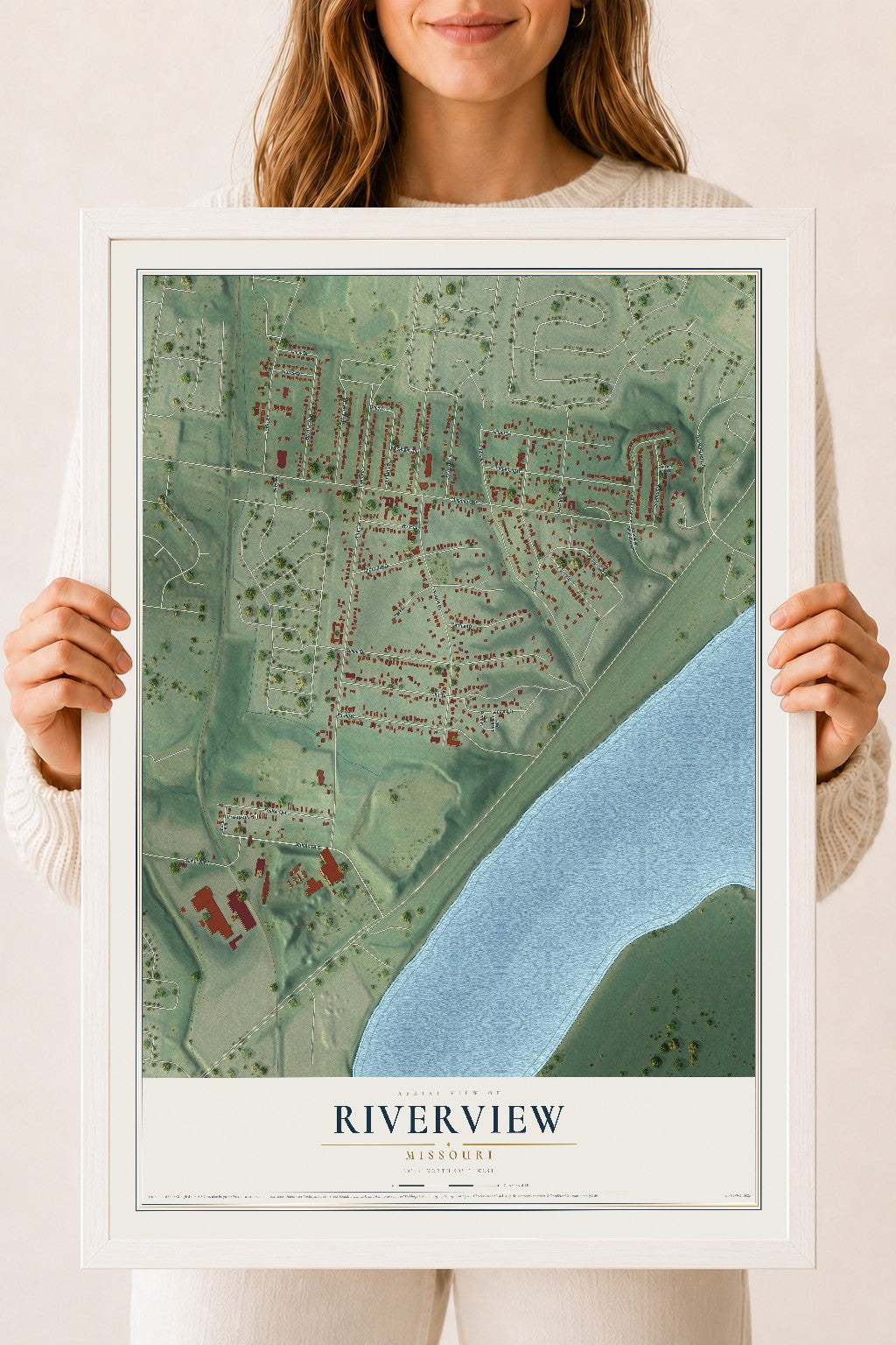 Map of Riverview, Missouri, 18 x 24 inch print in a white wood frame