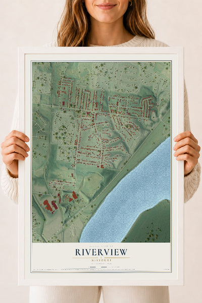 Map of Riverview, Missouri, 18 x 24 inch print in a white wood frame