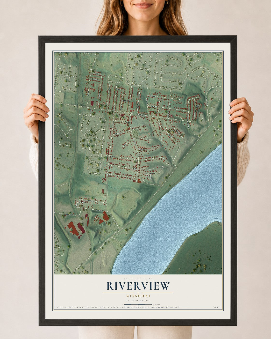 Map of Riverview, Missouri, 24 x 36 inch print in a black wood frame