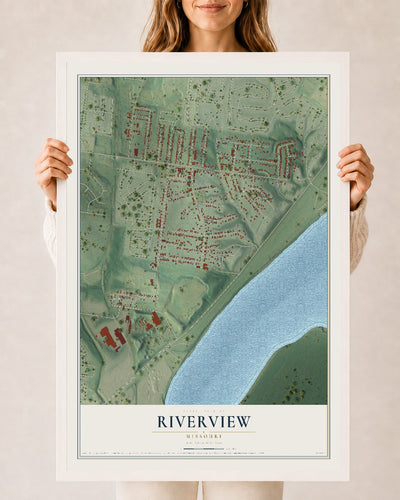Map of Riverview, Missouri, 24 x 36 inch print in a white wood frame