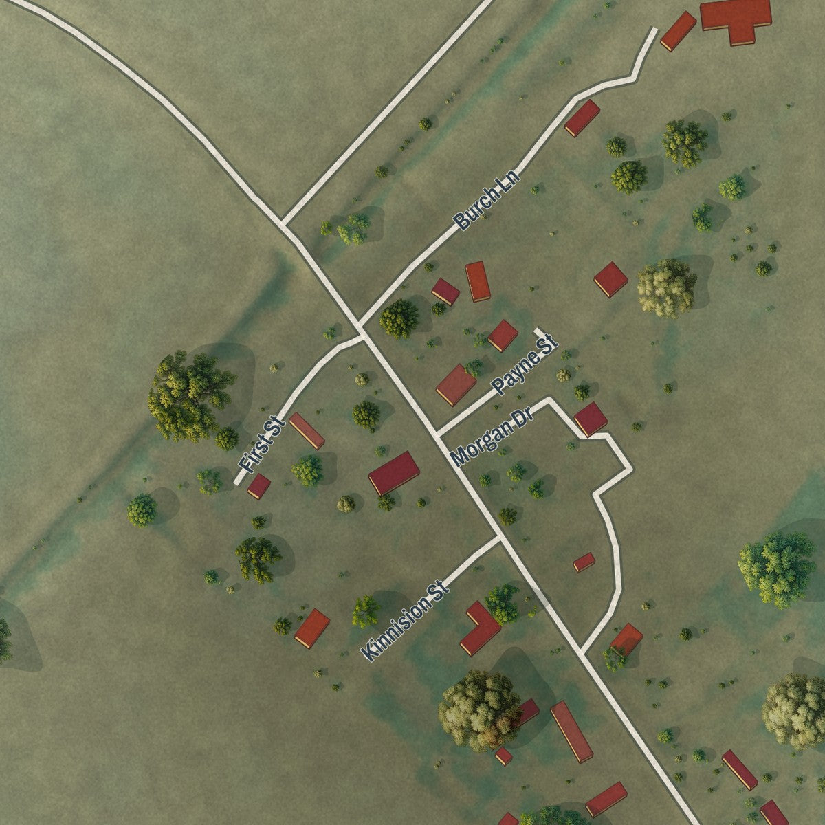 Close-up of the map of Rives, Missouri print showing street and building detail