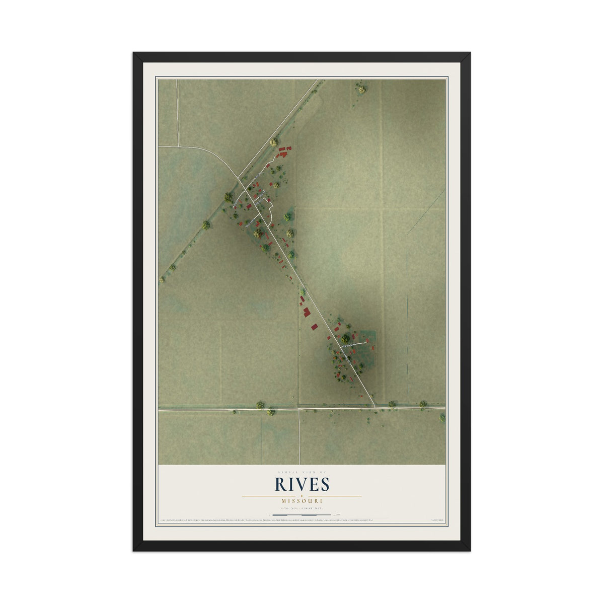 Map of Rives, Missouri, 12 x 18 inch print in a black wood frame